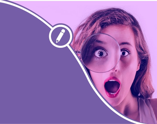 a woman looking through a magnifying glass with a surprised look on her face